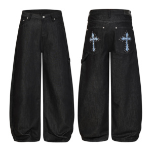 Custom Unisex Embroidery Print Curved Cut Denim Jeans Manufacturer Vintage Street Trend Distressed Streetwear Trousers Wholesale