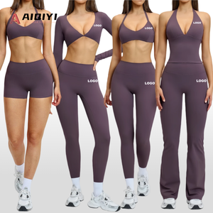 4201 Women Gym Fitness Sets 6pcs Yoga Sports Bra High Waist Leggings Padded Tank Top Vest Crop Long Sleeves Gym Set