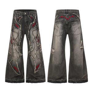 Wholesale Factory Unisex Vintage Washed Ripped Frayed Patchwork Embroidery Wide Leg Jeans Y2K High Street Streetwear Denim Pants
